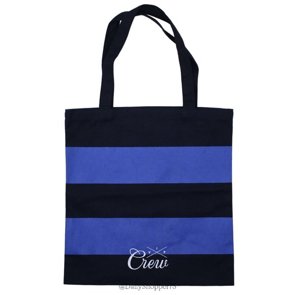 J. Crew VIP Black & Dark Periwinkle Blue Striped Canvas Rugby Tote Bag - Picture 1 of 4